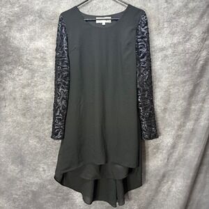 Dress the Population April Sequin Sleeve Hi-Lo Chiffon Shift Dress Size M Black